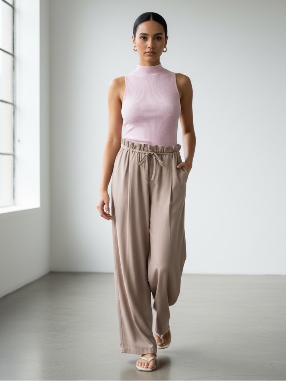 1514 • Taupe Chambray Lyocell Soft Belted Stretch Waist Wide Leg Pocket Pants